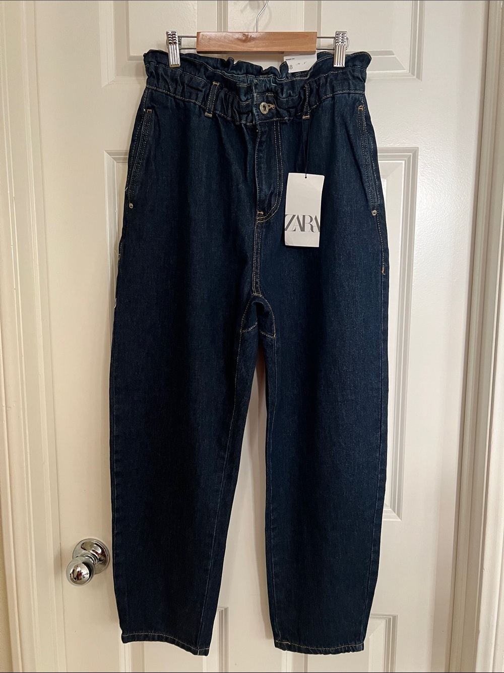 Zara Dark Indigo Paperbag Waist Cropped Jeans - Picture 1 of 5